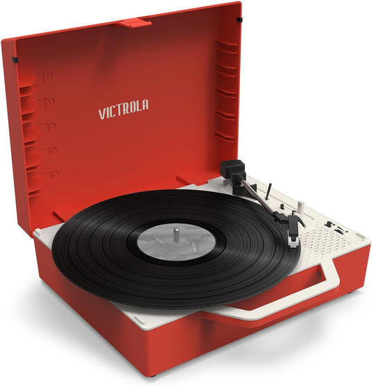 Tornamesa - Victrola Re-Spin Sustainable Suitcase Vinyl Record Player, 3-Speed (33 1/3, 45 & 78 RPM), Belt-Driven Bluetooth Turn Table with Built-in Bass Radiator, 3.5mm Headphone Jack, Red