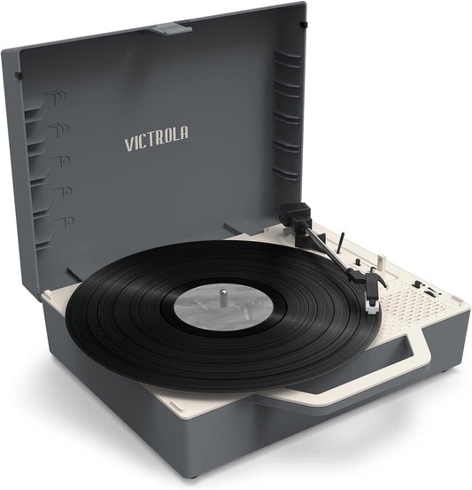 Victrola Re-Spin Sustainable Suitcase Vinyl Record Player, 3-Speed (33 1/3, 45 & 78 RPM), Belt-Driven Bluetooth Turn Table with Built-in Bass Radiator, 3.5mm Headphone Jack, Gray