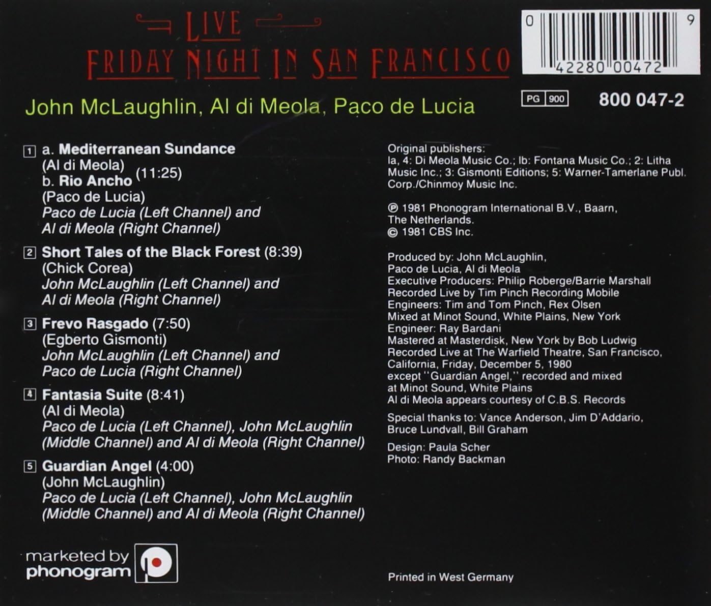 Al Di Meola, John McLaughlin, Paco De Lucía – Friday Night In San Francisco CD