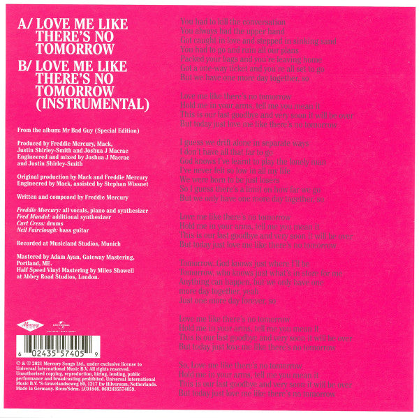 Freddie Mercury -  Love Like Theres Not Tomorrow - LP 7 Inch